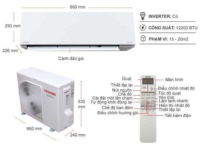 Thông số kĩ thuật Máy lạnh Toshiba Inverter 1.5 HP RAS-H13E2KCVG