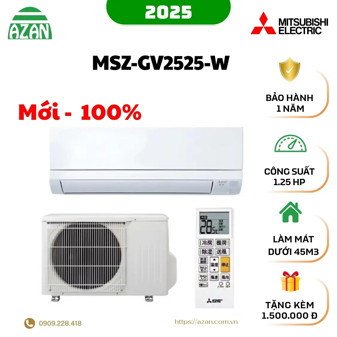 Máy lạnh Mitsubishi nội địa Nhật MSZ-GV2525-W 1.25HP
