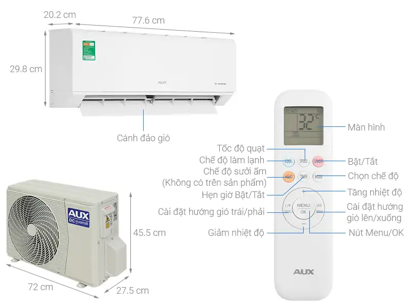 Máy lạnh AUX Inverter 1HP AW10CAA4DI-3VN 1 Thông số kỹ kích thước máy lạnh AUX Inverter 1 HP AW10CAA4DI-3VN