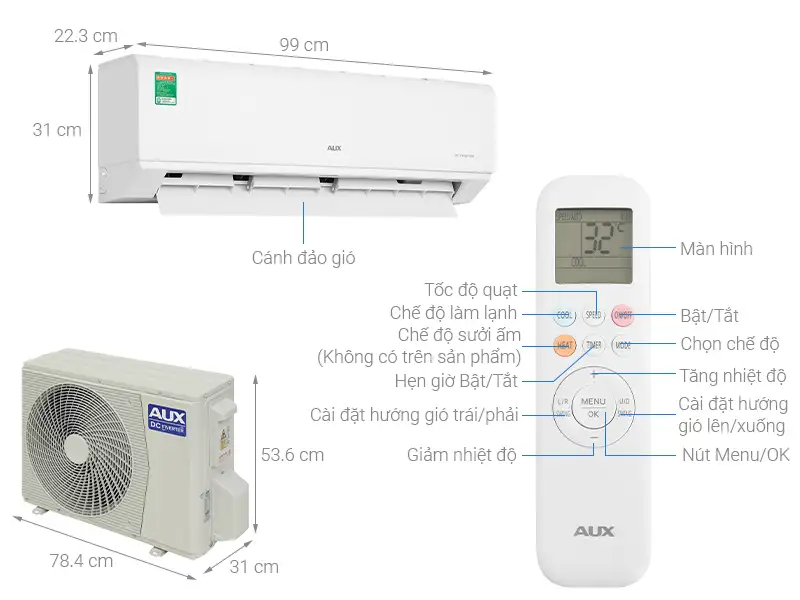 Thông số kỹ kích thước máy lạnh AUX Inverter 2HP AW18CAA4DI-3VN