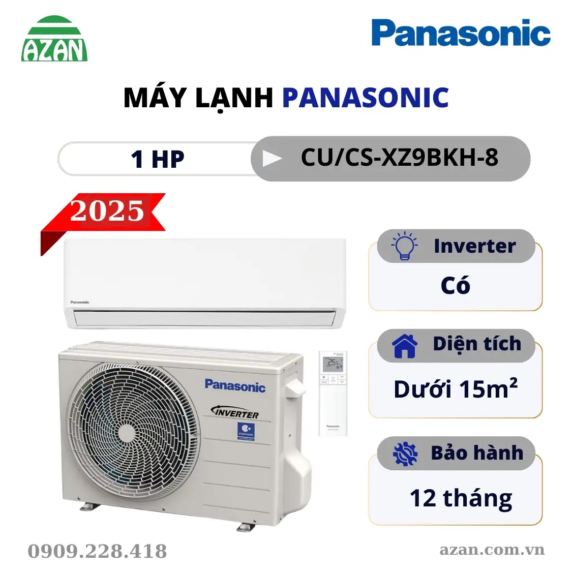 Máy lạnh 2 chiều Panasonic Inverter 1HP CU/CS-XZ9BKH-8